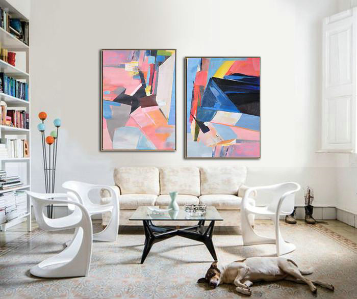 Handmade Large Contemporary Art,Set Of 2 Contemporary Art On Canvas,Acrylic Painting On Canvas,Pink,Blue,Black,Red.Etc